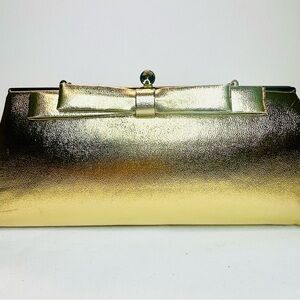 Vtg After Five 1950s Harry Levine Metallic Gold With Bow Clutch Purse Kiss-Lock